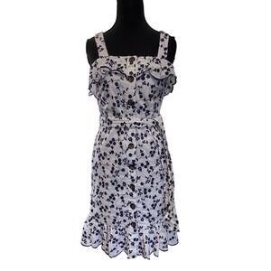 Ann Taylor Petite Sundress Womens XSP White Navy Floral Embroidered Button Front